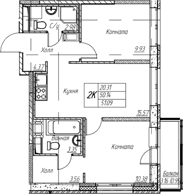 2-комнатная квартира 51.09 м², 2/22 эт., ЖК «Парк-квартал Юнтолово»